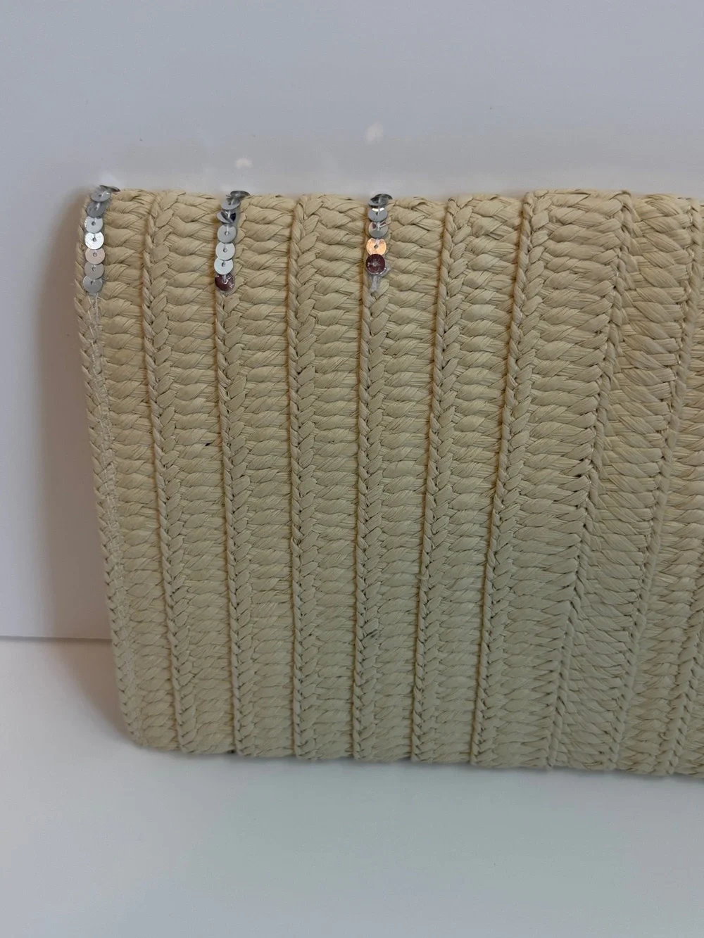 Lane Bryant Beige Straw Clutch with Silver Sequin Accents